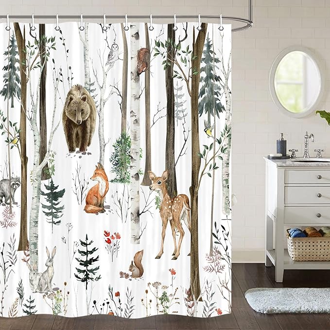 JAWO Rustic Forest Shower Curtains, Lodge Cabin Woodsy RV Shower Curtain, Wildlife Animals Woodland Campers Camping Bathroom Set with Hooks, 60X70 Inch, White