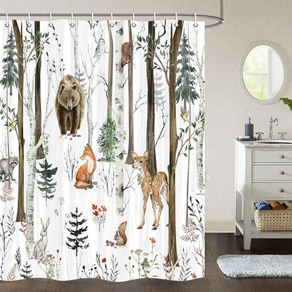 JAWO Rustic Forest Shower Curtains, Lodge Cabin Woodsy RV Shower Curtain, Wildlife Animals Woodland Campers Camping Bathroom Set with Hooks, 60X70 Inch, White
