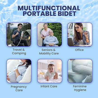 2Clean Portable Bidet - Travel & Home Use High Pressure Sprayer, USB Rechargeable Hygiene Device for Toilets with 2.5L Container, Variable Intensity, Lightweight Design, Wall Bracket Included