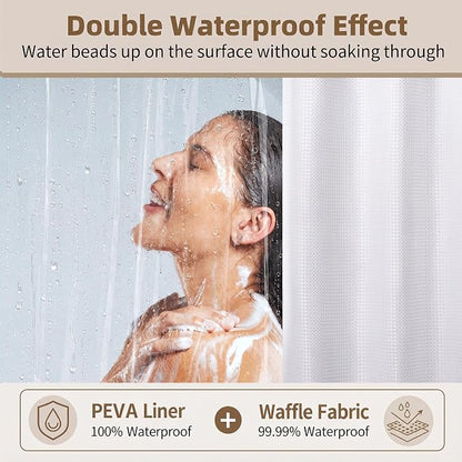Siiluminisoy Shower Curtain and Liner Set, Waffle Shower Curtain Set with 12 Stainless Steel Hooks, Waterproof Luxury Fabric Shower Curtains for Bathroom and Hotel, White, 72" W x 84" H