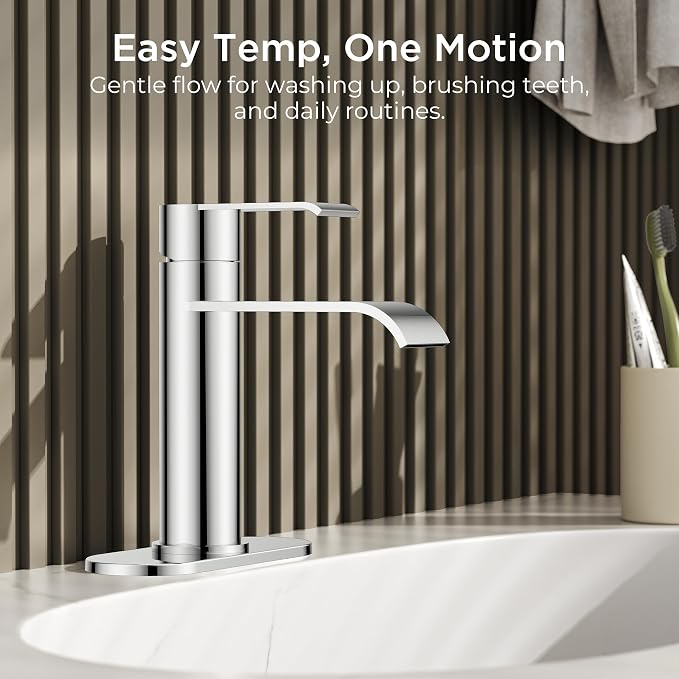 FORIOUS Waterfall Chrome Bathroom Faucet 1 Hole Rv Bathroom Sink Faucet Set | Single Handle Waterfall Bathroom Faucet Single Hole, Polished Chrome Faucet for Bathroom Sink One Hole with Plate and Drain