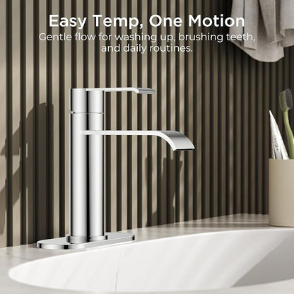 FORIOUS Waterfall Chrome Bathroom Faucet 1 Hole Rv Bathroom Sink Faucet Set | Single Handle Waterfall Bathroom Faucet Single Hole, Polished Chrome Faucet for Bathroom Sink One Hole with Plate and Drain