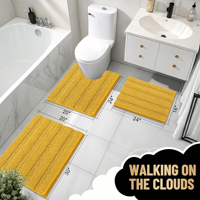 OLANLY Thick Small Bathroom Rugs 24x16, Chenille Bath Rugs, Golden Yellow | Rubber Backing, Machine Wash, Extra Absorbent Striped Bath Mats for Bathroom Floor, Tub and Shower, Home Decor Accessories