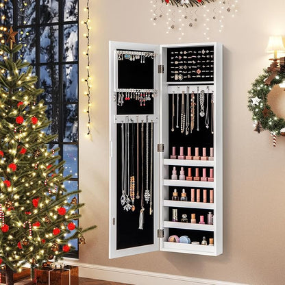 Giantex Jewelry Armoire with Full Length Mirror, Wall and Door Mounted Jewelry Cabinet Organizer with Magnetic Door, Large Storage for Earrings, Rings, Necklaces & Accessories, White