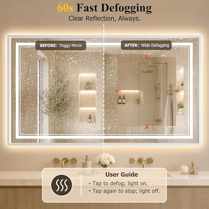 36"x60" LED Bathroom Mirror with Lights, Backlit + Front Lit, Anti-Fog | Lighted Bathroom Mirror with One-Piece Aluminum Alloy Frame, HD Shatterproof Tempered Glass, Dimmable, Memory Function