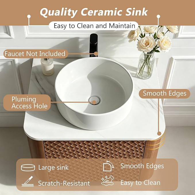 48 Inch Modern Bathroom Vanity with Ceramic Sink, Floating Bathroom Sink Cabinet with Sintered Stone Top&Solid Wood Hammered Frame, Single Bathroom Vanities w/Soft-Close Drawer&2 Side Open Cube