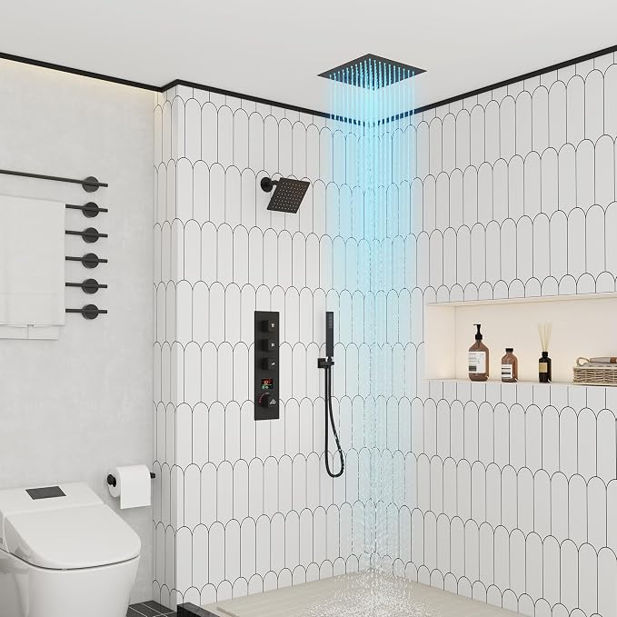 CASAINC Thermostatic Shower System 12" Ceiling-Mounted Rain Shower Head with 6" Shower Head, Smart Shower System with Handheld Spray, LED Light & Music, Water Temperature Display (Matte Black)