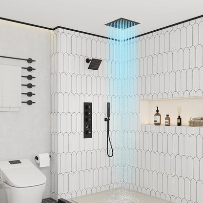 CASAINC Thermostatic Shower System 12" Ceiling-Mounted Rain Shower Head with 6" Shower Head, Smart Shower System with Handheld Spray, LED Light & Music, Water Temperature Display (Matte Black)