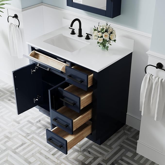 36-Inch Bathroom Vanity with Sink W/ 2 Doors & 4 Drawers & 1 Flip Drawer,Navy Blue Vanity W/Matte Black Handles
