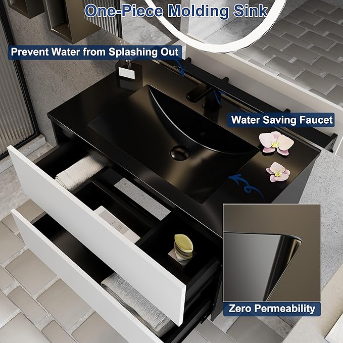 eclife 30" Bathroom Vanity Cabinet with Undermount Black Sink Combo, Wall Mounted Floating Bathroom Cabinet with Colors Mixed Style, 2 Big Drawers & Matte Black Faucet