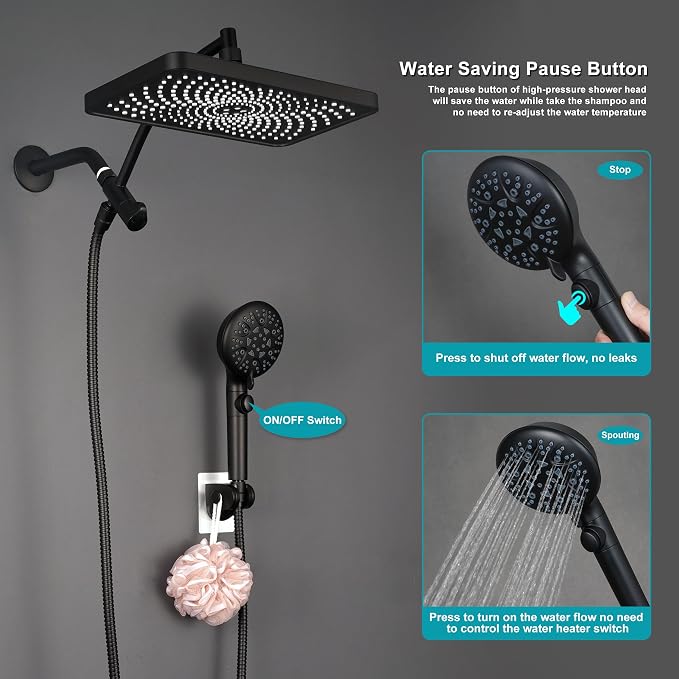 Rain Shower Heads with Handheld Spray Combo,12In Fixed Showerhead&8-Mode Handheld Shower Head with 79 Inches Extra-long Stainless Steel Hose (Black)