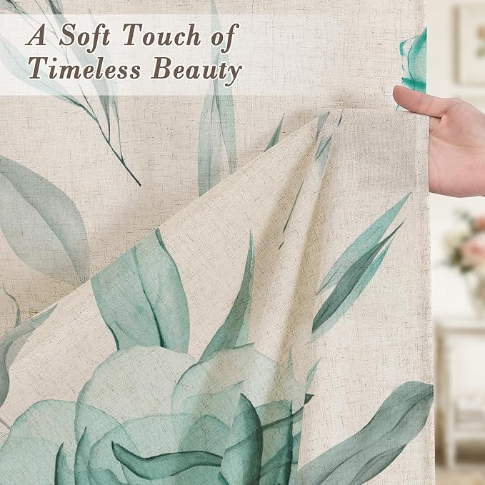 Teal Floral Linen Shower Curtain, Watercolor Botanical Design, 72 x 72 | Boho Floral Design, Watercolor Botanical Style, Ink Painting Flowers & Leaves, Linen Blend Fabric Curtain