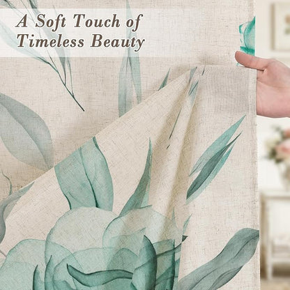 Teal Floral Linen Shower Curtain, Watercolor Botanical Design, 72 x 72 | Boho Floral Design, Watercolor Botanical Style, Ink Painting Flowers & Leaves, Linen Blend Fabric Curtain