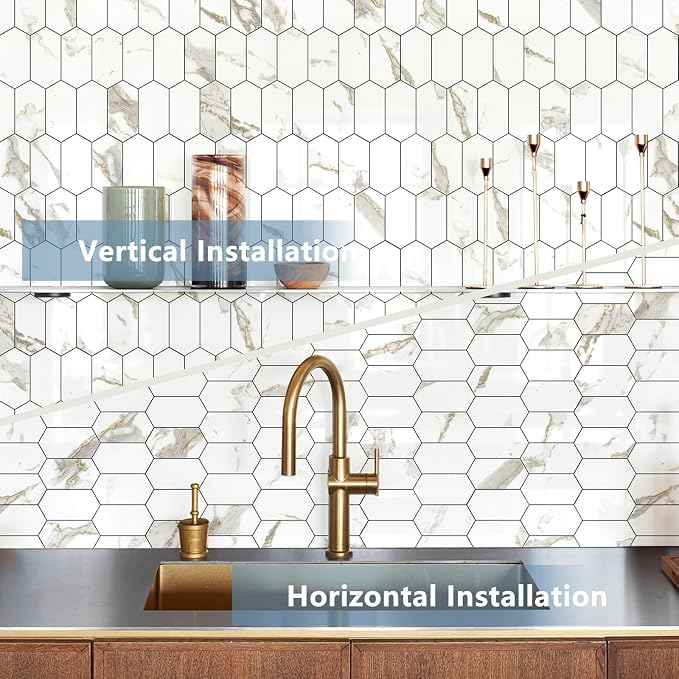 Vamos Tile Long Hexagon Peel and Stick Backsplash Tile - 10 Sheets Stick on Backsplash for Kitchen and Bathroom 12.4 x 12 Inch Glossy White Marble with Gold Veining PVC Self Adhesive Mosaic Wall Tiles