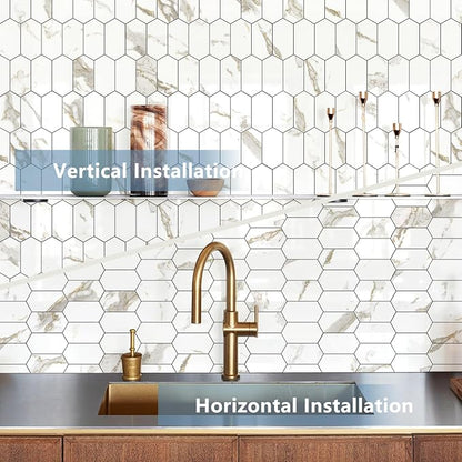 Vamos Tile Long Hexagon Peel and Stick Backsplash Tile - 10 Sheets Stick on Backsplash for Kitchen and Bathroom 12.4 x 12 Inch Glossy White Marble with Gold Veining PVC Self Adhesive Mosaic Wall Tiles