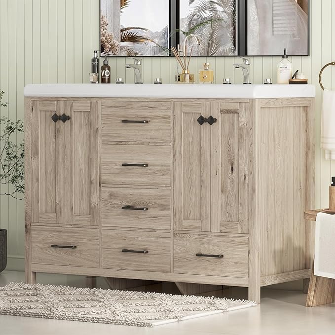 48" Bathroom Vanity with Sink Combo, Modern Bathroom Storage Cabinet with Double Sink Ceramic, 4 Doors and 5 Drawers, Space-Saving Storage Cabinet, Light Gray Wood
