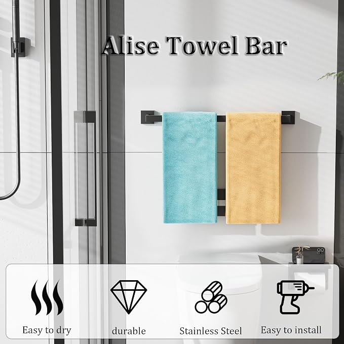 Alise Towel Bar Towel Racks for Bathroom Wall Mount 24 Inch,Matte Black | SUS304 Stainless Steel Bathroom Towel Holder, Full Square Towel Rod Towel Hanger for Bathroom Lavatory Kitchen