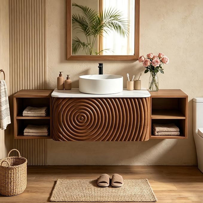 54" Floating Bathroom Vanity with Sink, Mid-Century Wall Mounted Bathroom Vanity Cabinet with Wood Waved Decor,Ceramic Vessel Basin and Sintered Stone Top, Soft Close Drawer, 2 Side Open Cube