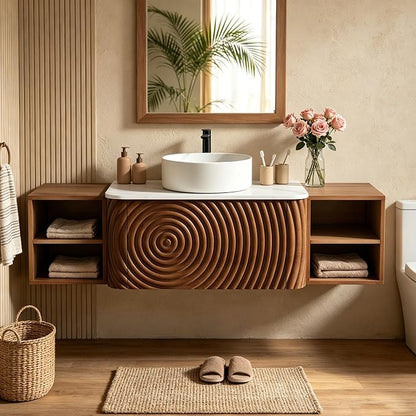 54" Floating Bathroom Vanity with Sink, Mid-Century Wall Mounted Bathroom Vanity Cabinet with Wood Waved Decor,Ceramic Vessel Basin and Sintered Stone Top, Soft Close Drawer, 2 Side Open Cube