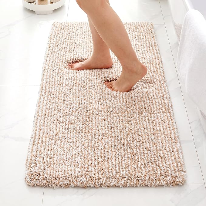 ILANGO Beige and White Bathroom Rugs 70" × 24" Non Slip & Super Absorbent Thick Soft, Washable Bath Carpet Runner for Floor, Microfiber Plush Shaggy Bath Mats for Bedroom Bathtub Shower Room