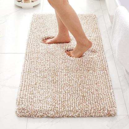ILANGO Beige and White Bathroom Rugs 70" × 24" Non Slip & Super Absorbent Thick Soft, Washable Bath Carpet Runner for Floor, Microfiber Plush Shaggy Bath Mats for Bedroom Bathtub Shower Room