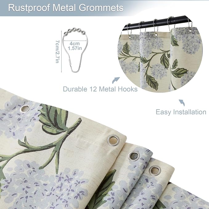 ORTIGIA Linen Textured Ruffle Shower Curtain with Metal Hooks, Vintage Blue Floral Hydrangea Boho Waterproof Bath Curtain for Rustic Farmhouse Bathroom Decor 72x72 Inch