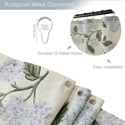 ORTIGIA Linen Textured Ruffle Shower Curtain with Metal Hooks, Vintage Blue Floral Hydrangea Boho Waterproof Bath Curtain for Rustic Farmhouse Bathroom Decor 72x72 Inch
