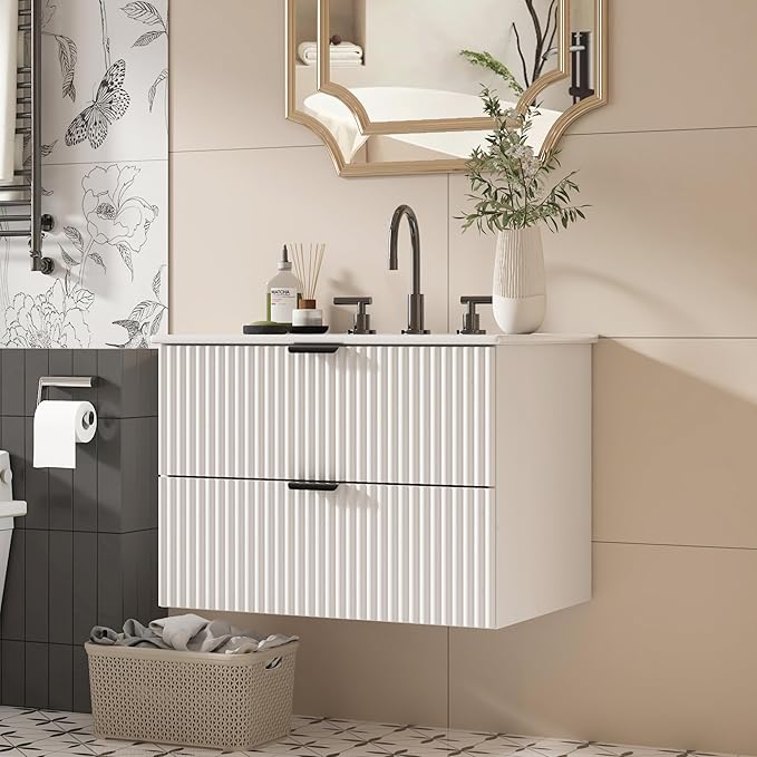24 inch Bathroom Vanity with Sink, Floating Bathroom Vanity, Wall Mounted Modern Vanity with Ceramic Sink & Soft-Close Drawers, Floating Storage Cabinet with Sink for Small Space, White
