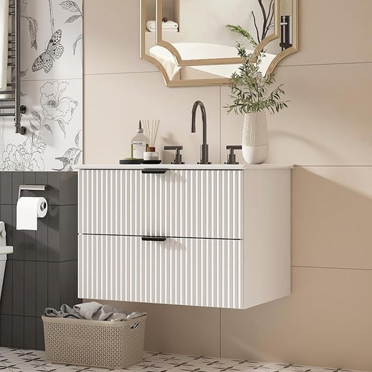 24 inch Bathroom Vanity with Sink, Floating Bathroom Vanity, Wall Mounted Modern Vanity with Ceramic Sink & Soft-Close Drawers, Floating Storage Cabinet with Sink for Small Space, White