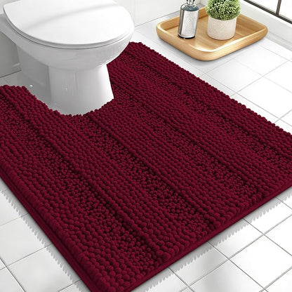OLANLY Thick Toilet Rugs U-Shaped 24x20, Soft Chenille Bath Mat, Burgundy | Extra Absorbent Striped Contour Bathroom Rugs for Toilet, Dry Quickly, Machine Washable, Non-Slip