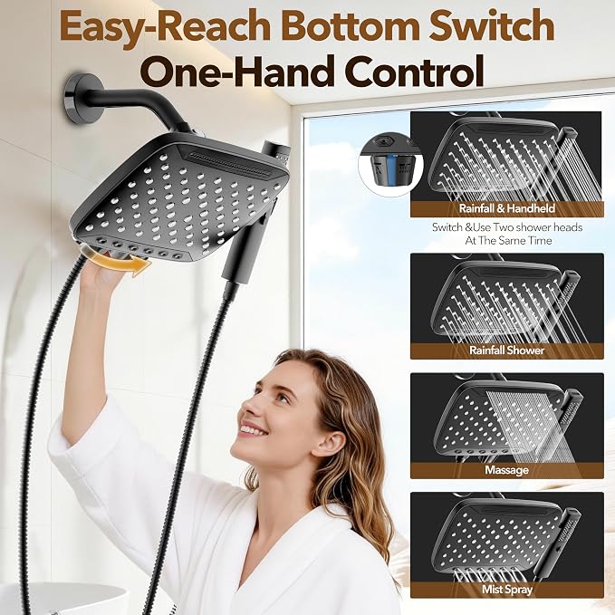 JDO High Pressure Rain Shower Head with Handheld Spray Matte Black | 7 Modes Dual Shower Head, 10-inch Rainfall Showerheads Combo, Detachable Hand Held Shower Wand, Power Jets, 71" Shower Hose