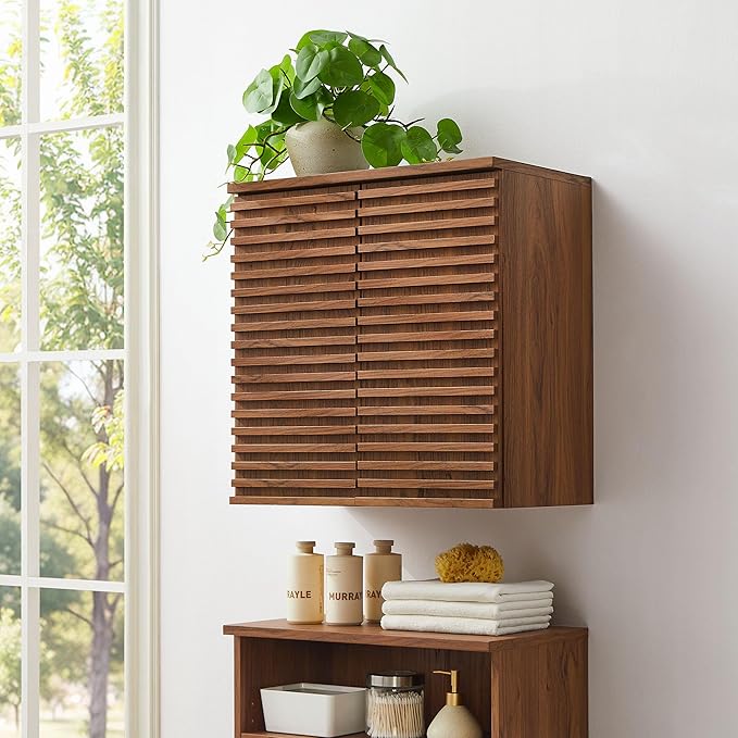 Modway Render Wall Mounted Bathroom Cabinet in Walnut - 23.5 Inch Compact Wall Storage with Slatted Doors and Adjustable Shelves for Bathroom or Laundry Room
