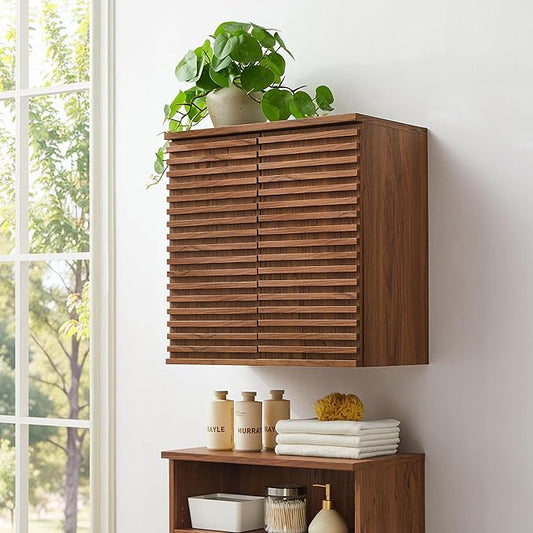 Modway Render Wall Mounted Bathroom Cabinet in Walnut - 23.5 Inch Compact Wall Storage with Slatted Doors and Adjustable Shelves for Bathroom or Laundry Room