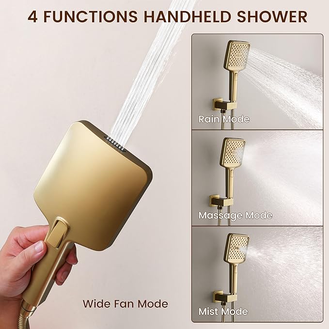 MONDAWE 12 Inch Wall Mounted Brushed Gold Shower System, 3-Function Shower Faucet Set with Rainfall Dual Shower Head and High Pressure 4-Setting Handheld, All Functions Can be Used At the Same Time