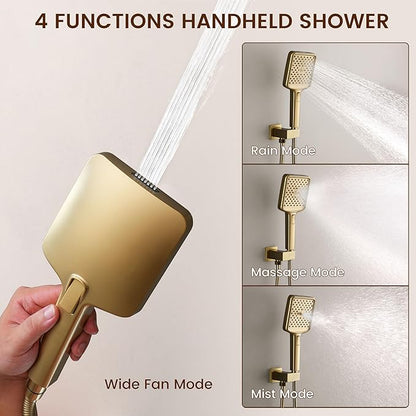 MONDAWE 12 Inch Wall Mounted Brushed Gold Shower System, 3-Function Shower Faucet Set with Rainfall Dual Shower Head and High Pressure 4-Setting Handheld, All Functions Can be Used At the Same Time