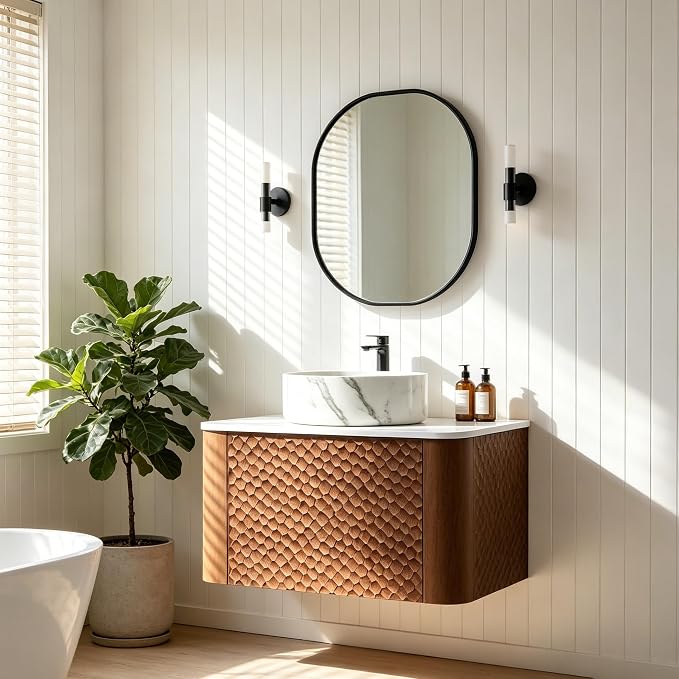 24 Inch Modern Bathroom Vanity with Ceramic Sink, Floating Bathroom Vanity Cabinet with Sintered Stone Top&Solid Wood Hammered Frame, Single Sink Bathroom Vanities w/Soft-Close Drawers,Walnut