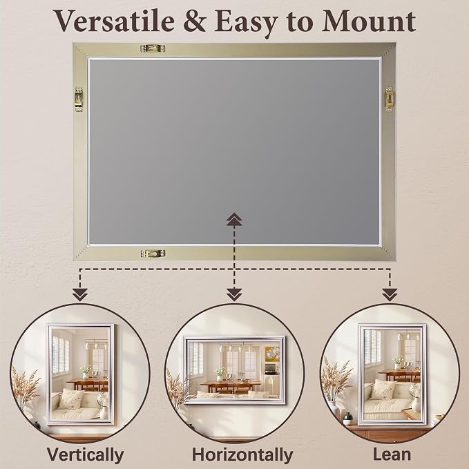 ROLOVE 24x34 Inch Brushed Rose Gold Frame Mirror for Wall, Ornate Baroque Wall Mirror, Large Vintage Decorative Mirror for Mantel & Bathroom, Waterproof Frame, Tempered Glass (Champagne Pink Hue)