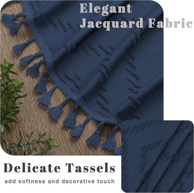 Dusty Blue Fabric Shower Curtain, Boho Shower Curtains for Bathroom Chic Tufted Chevron Striped Textured with Tassel, Soft Hotel Style Farmhouse, Machine Washable, 72x78, Dusty Blue