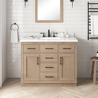 OVE Decors Bailey 42 in. Single Sink Freestanding Sahara Birch Bathroom Vanity with White Quartz Top, Matching Backsplash and Power Bar