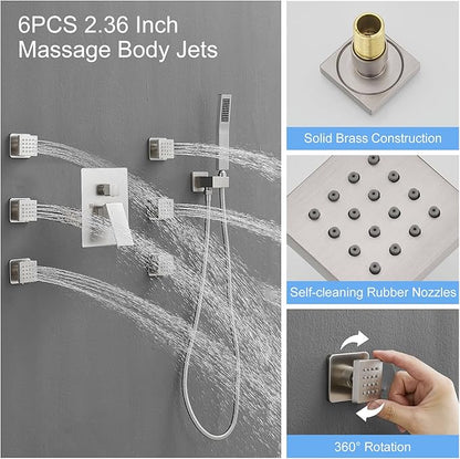 BWE Brushed Nickel Shower System with Body Jets,10 Inch Rain Shower Head,with 6 Body Spray Jets and Handheld Shower,Wall Mounted Shower Faucet Set,Rough-in Mixer Valve and Trim Included