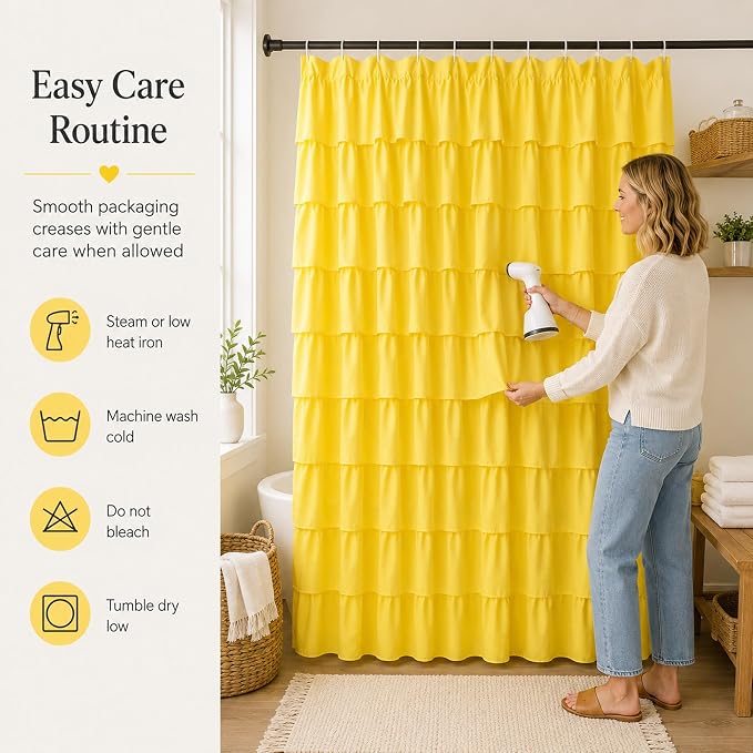 Yellow Shower Curtain for Bathroom, 72 X 72 Inch, Cascading Ruffle Design | Cottagecore & Farmhouse Crossover Style, 72x72, Hooks Included, Machine Washable, Ruffles Hold Their Shape, 12 Buttonholes