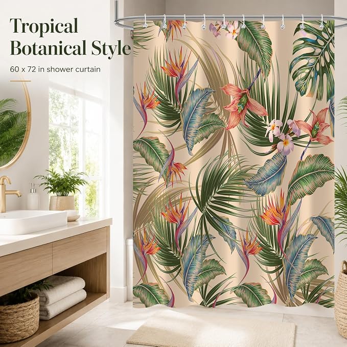 Tropical Shower Curtain, Colourful Leaves Floral Palm Leaf Hawaiian Botanical Plant Bathroom Decor, Waterproof Cloth Fabric Bath Curtain with Hooks 60 x 72 inch