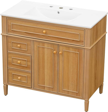 36" Modern Bathroom Vanity with Ceramic Sink, Tilt-Out Drawer & 2 Drawers, Solid Wood Frame Freestanding Storage Cabinet w/2 Soft-Close Doors & Adjustable Shelf, Rubberwood Handles, Wood