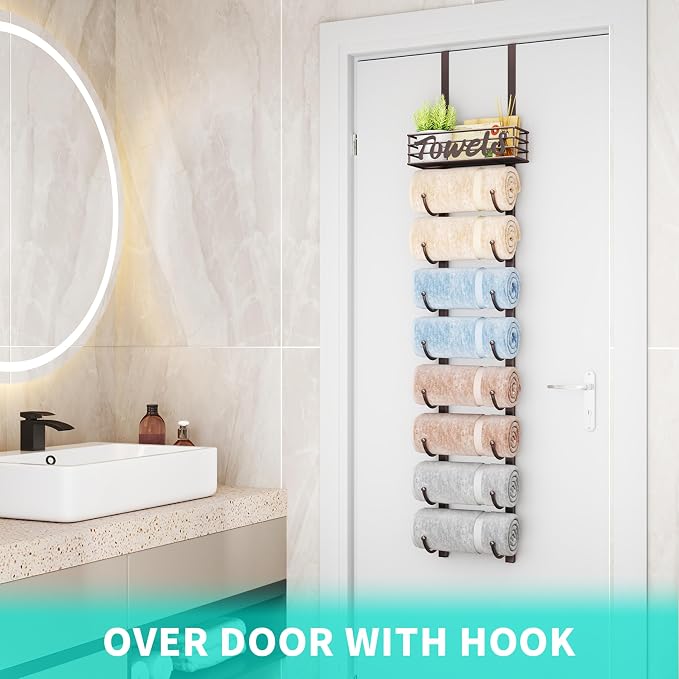 HapiRm Towel Racks for Bathroom Storage - 9 Tier Over The Door & Wall Mount Rolled Towel Storage Organizer Holder with Metal Shelf Basket for Small Bathroom, Camper, Rv - Bronze, Patented