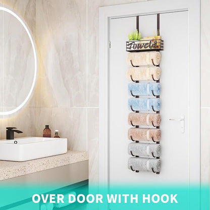 HapiRm Towel Racks for Bathroom Storage - 9 Tier Over The Door & Wall Mount Rolled Towel Storage Organizer Holder with Metal Shelf Basket for Small Bathroom, Camper, Rv - Bronze, Patented