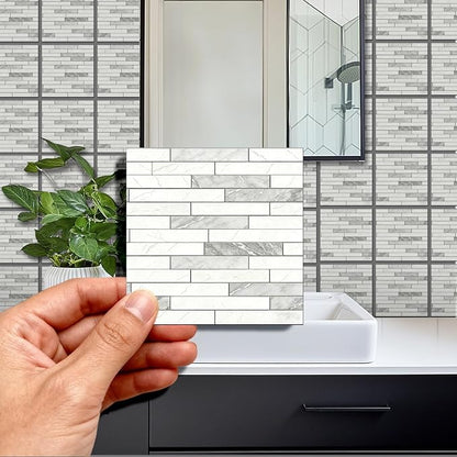 36 Pcs Tile Stickers White-Gray Texture Peel and Stick Long Strip Wall Tile Stickers Waterproof Self Adhesive Stick on Tiles Decals for Kitchen Bathroom Wall Art Decor, 4×4 Inch