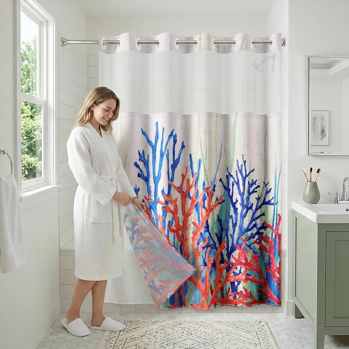Americanflat 72x75 Hookless Shower Curtain - Water-Resistant Coral Reef Shower Curtain with Sheer Panel, Snap-in Liner, and Grommets - 100% Polyester - Cobalt Blue, Coral Red, Seafoam Green and White
