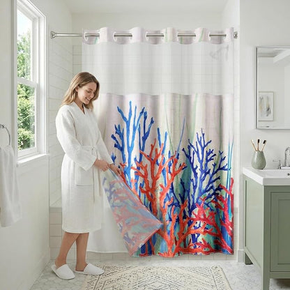 Americanflat 72x75 Hookless Shower Curtain - Water-Resistant Coral Reef Shower Curtain with Sheer Panel, Snap-in Liner, and Grommets - 100% Polyester - Cobalt Blue, Coral Red, Seafoam Green and White