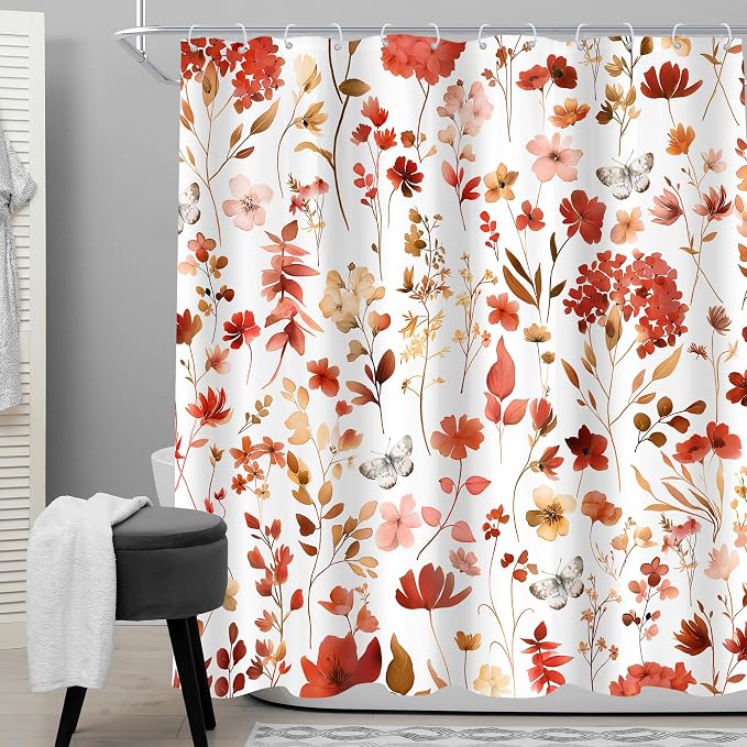 Red Burgundy Fall Autumn Floral Flower Bathroom Shower Curtain Set | 72"W x 72"H Plants Leaves; waterproof HD print, quick-dry fabric and plastic hooks for easy setup.