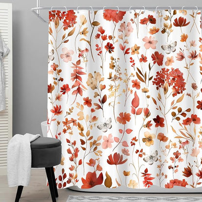 Red Burgundy Fall Autumn Floral Flower Bathroom Shower Curtain Set | 72"W x 72"H Plants Leaves; waterproof HD print, quick-dry fabric and plastic hooks for easy setup.